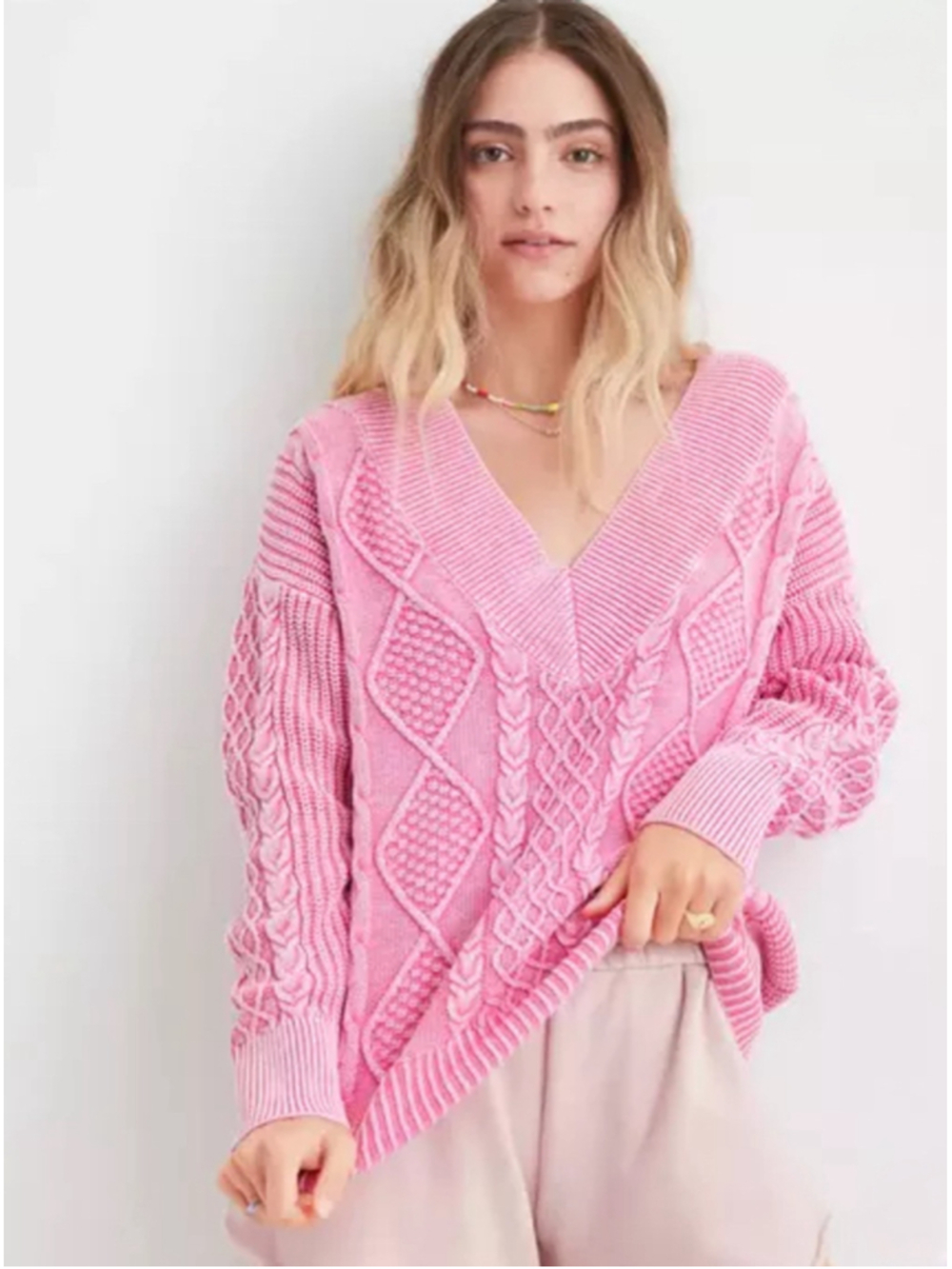 Pink 100% Cotton Aerie Oversized V-Neck Cable Knit Sweater Knit Lounge Slouchy